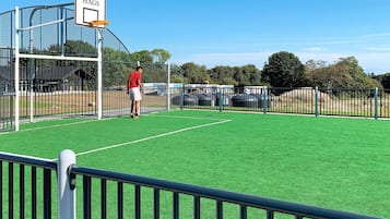 Un terrain de sport avec un panier de basket marqué du sigle « HAGS », et une personne se tenant près du terrain.