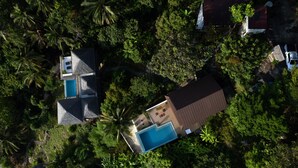Eine Vogelperspektive auf ein Anwesen mit Schwimmbad, einem Haus mit rotem Dach und dichter umliegender Vegetation.