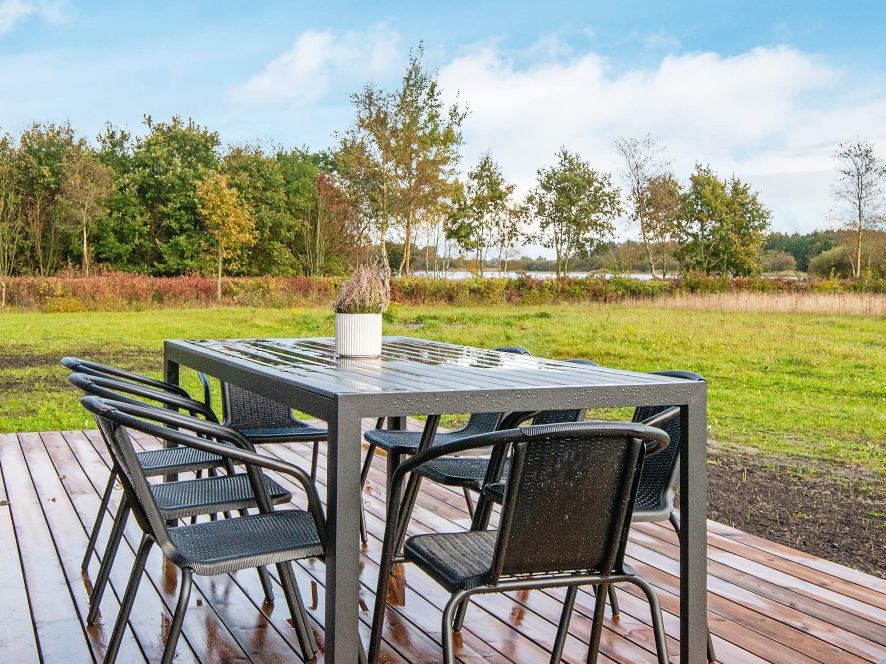 Een buitenruimte met een eettafel en stoelen, omgeven door een houten terras en uitzicht op bomen en een waterpartij.