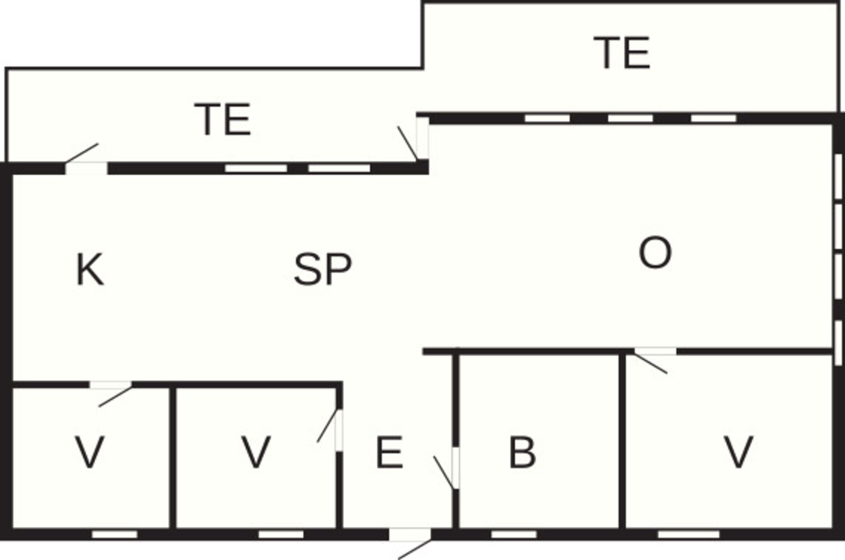 En hotelplan med rum, der er navngivet: TE, K, SP, O, V, E, B.