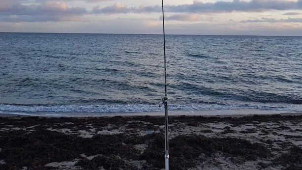 A fishing rod on a rocky beach with the ocean in the background. - 6 Person Holiday Home in Sydals (Sydals)