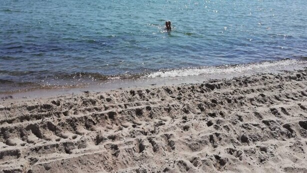 A sandy beach with footprints leading into the water. - 6 Person Holiday Home in Sydals (Sydals)
