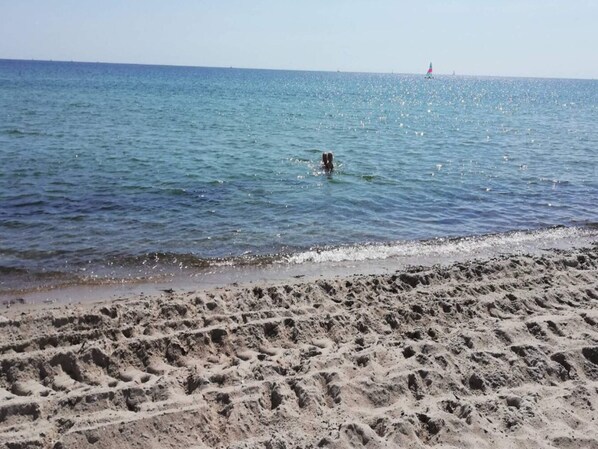 A sandy beach with footprints leading into the water. - 6 Person Holiday Home in Sydals (Sydals)