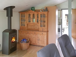 Una sala de estar acogedora con un estufa de leña, un mueble de madera con puertas de cristal y un sofá gris.