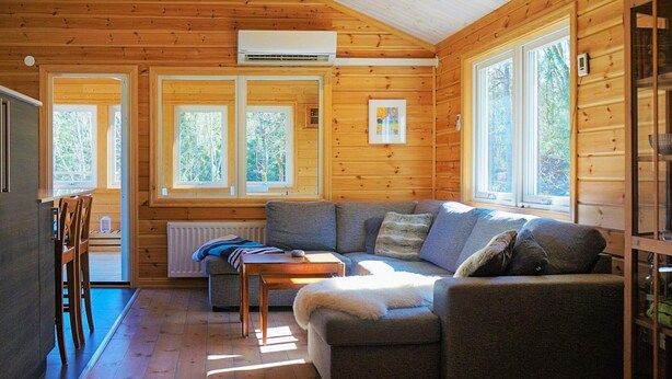 L’intérieur chaleureux d’un chalet, avec un décor en bois, un canapé gris, une petite table et une fenêtre donnant sur la verdure.