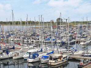 Un port de plaisance où de nombreux bateaux de différentes sortes étaient amarrés les uns à côté des autres.