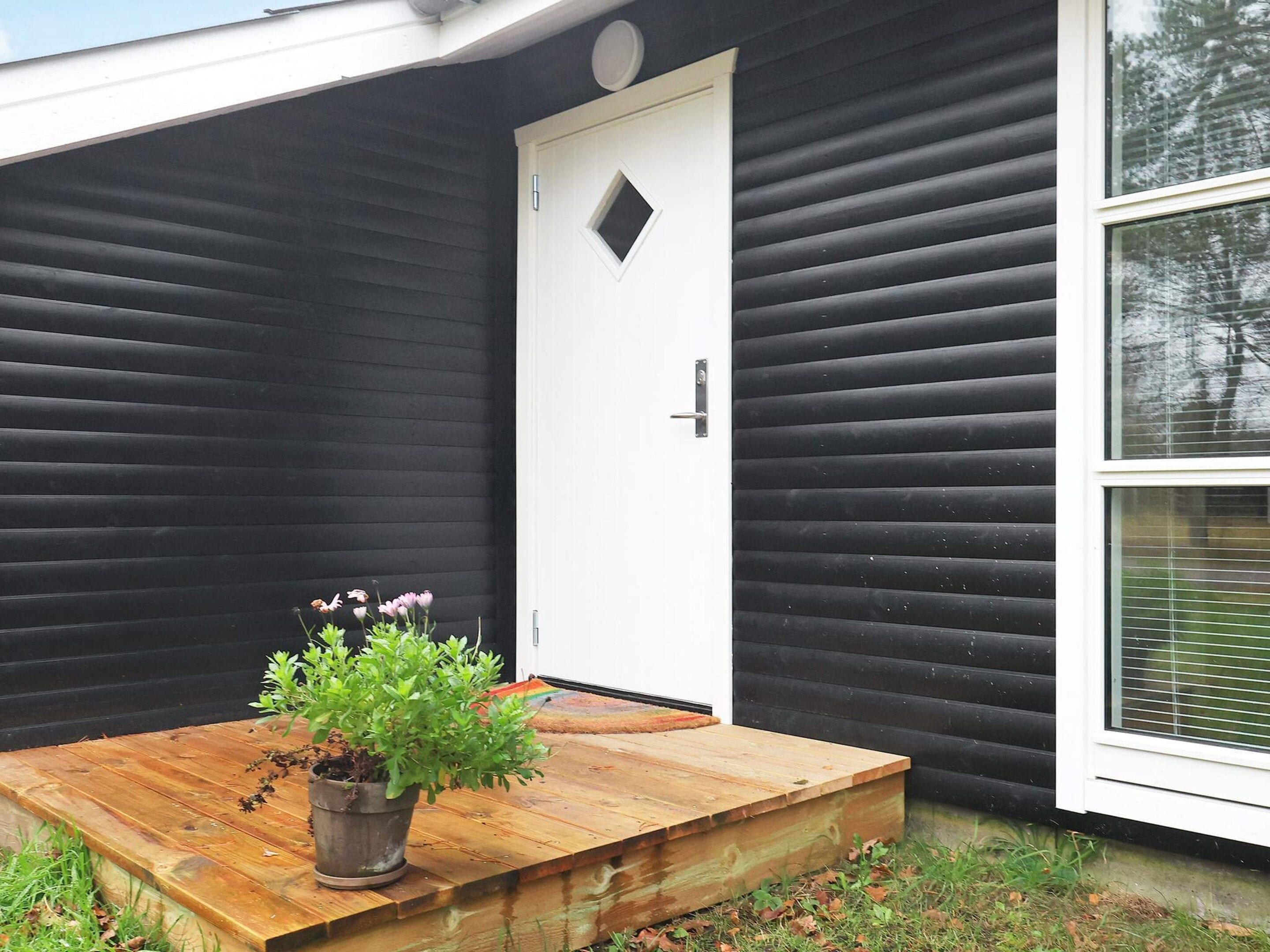 A wooden platform with a potted plant in front of a white door with a small window.