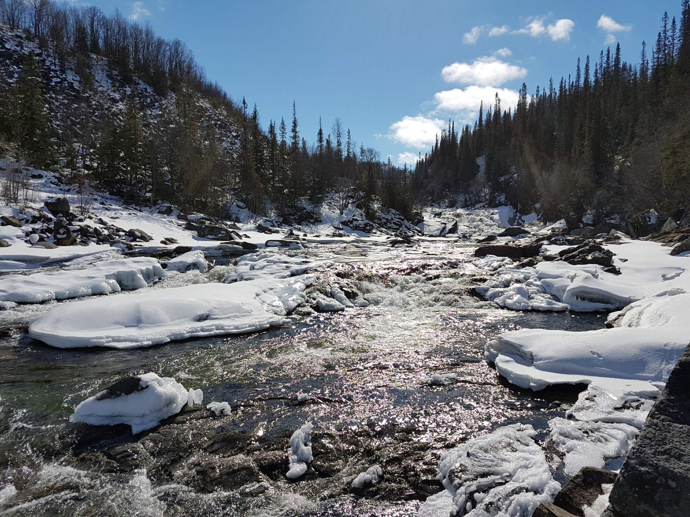 A river with ice formations, surrounded by a forest.