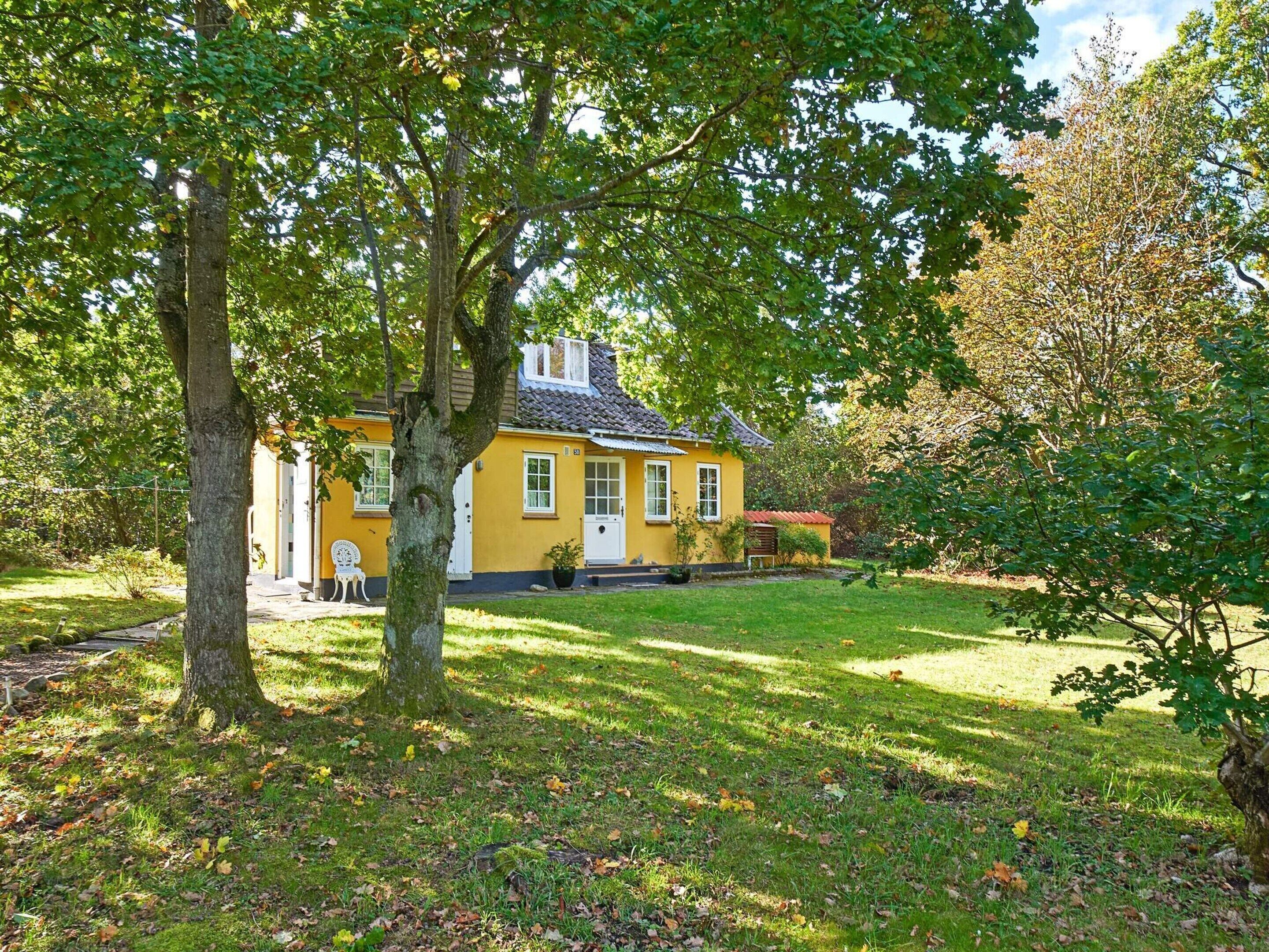 A yellow house with a white door and windows, surrounded by a grassy yard and trees.