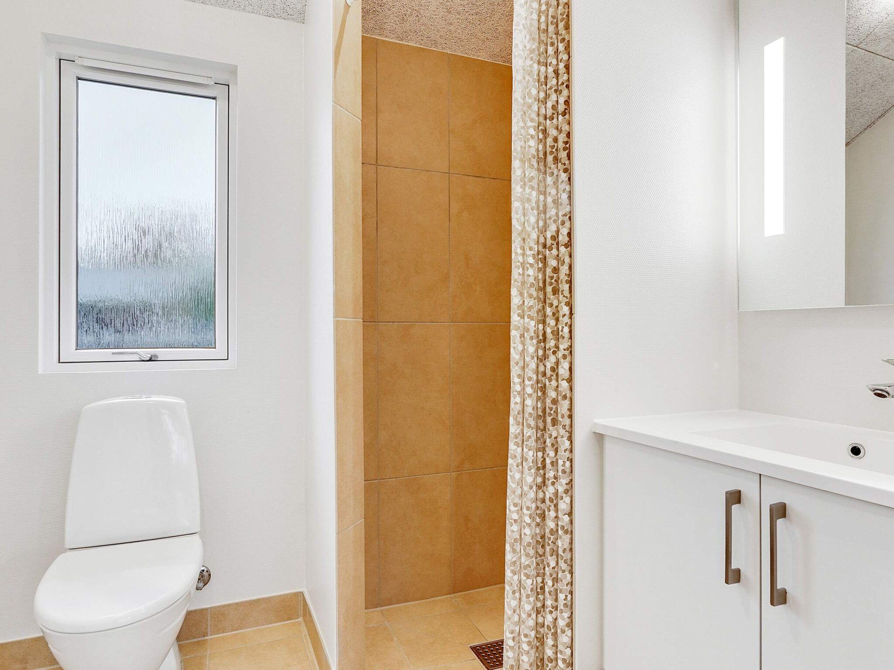 Een badkamer met toilet, douche en een wastafel met kastjes.