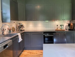 A modern kitchen with grey cabinets, a stainless steel sink, a coffee machine, and a wooden countertop. - 5 Star Holiday Home in Klovedal (Klovedal)