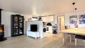 Un espace de vie moderne comprenant une cheminée, un téléviseur, un coin repas et une cuisine.