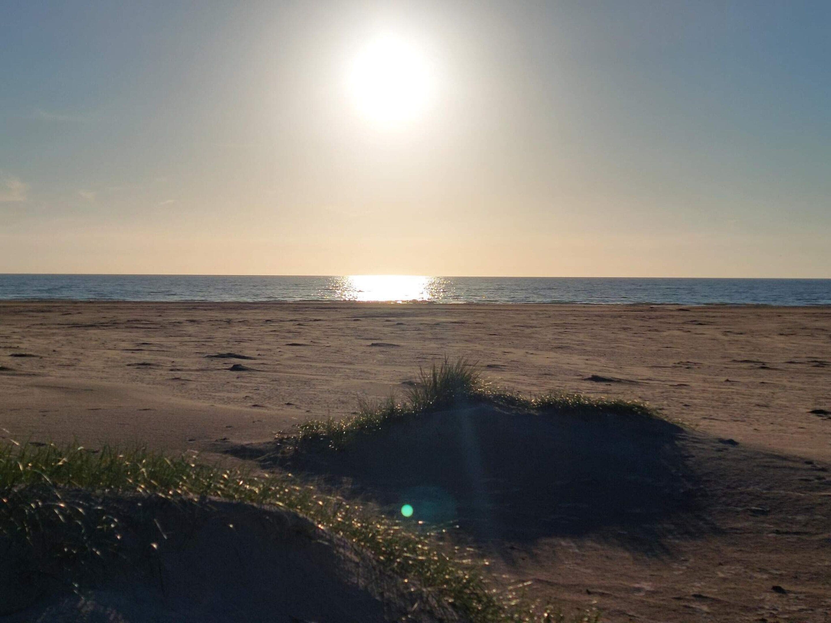 Una playa con el sol bajo en el horizonte, cielo despejado y mar en calma.