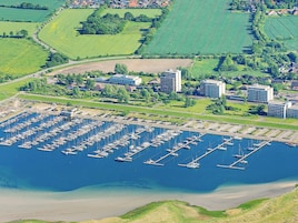 An aerial view of a marina with numerous boats docked, surrounded by residential buildings and green fields.