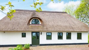 A traditional thatched-roof house with a central window, white walls, and a paved entrance area with plants. - 6 Person Holiday Home in Varde (Varde)