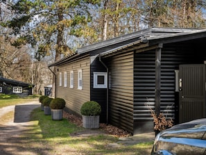 A cabin with a sloped roof, a front door, and a small window.