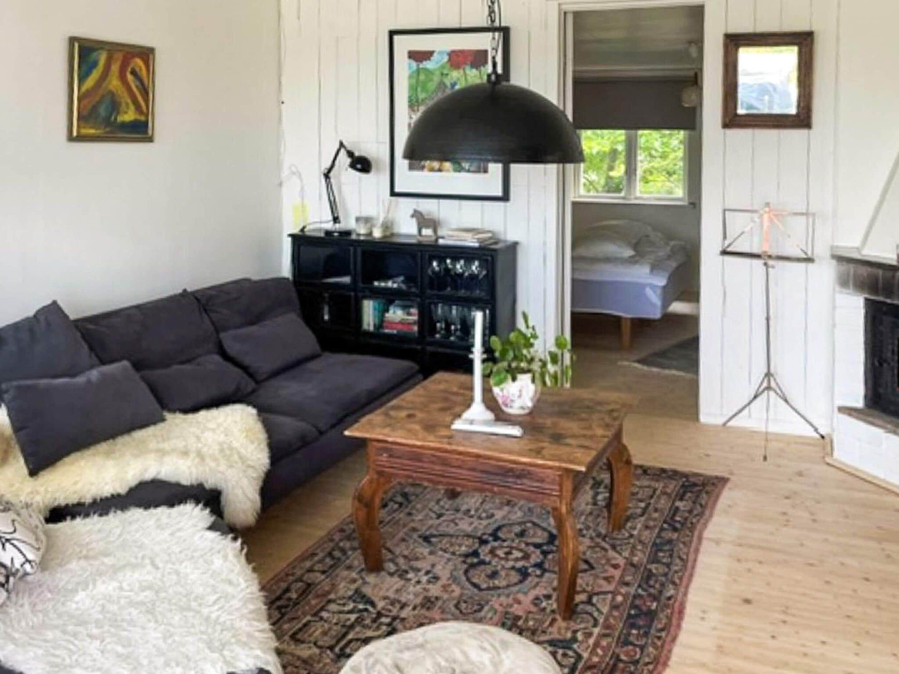 A living room with a dark-colored sofa, a wooden coffee table, a patterned rug, a black lamp, and a bookshelf.