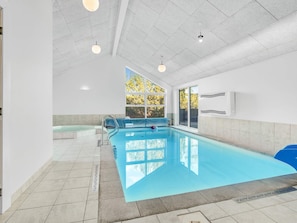 An indoor swimming pool with clear glass walls, a blue pool, and a view of trees outside. - 5 Star Holiday Home in Jerup (Jerup)