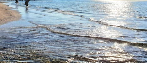 A beach with clear water and a sandy shore.