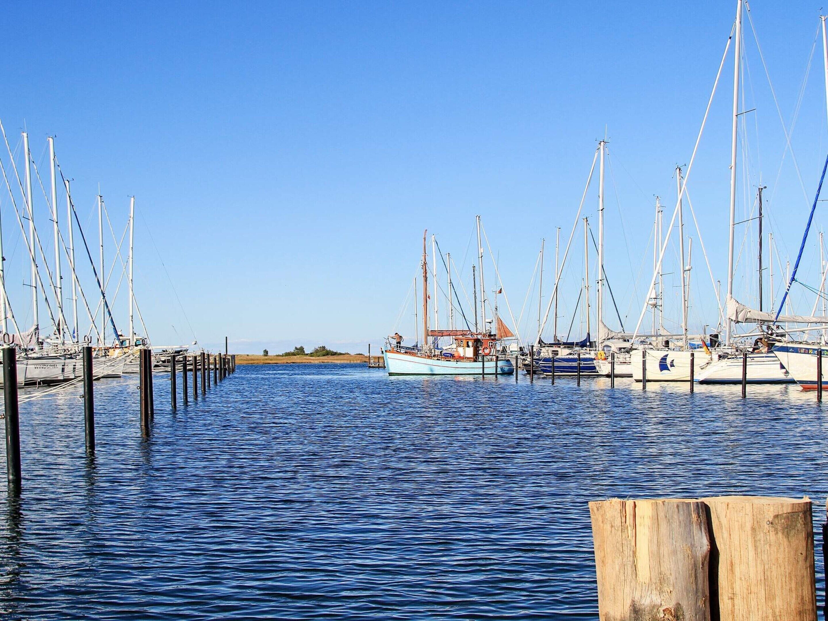 A marina with multiple sailboats docked at wooden piers.