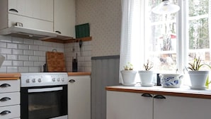 Keittiössä on valkoiset kaapit, liesi ja ikkuna, jonka edessä on ruukkukasveja.