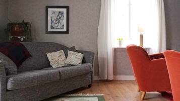 Una sala de estar con un sofá gris, un sillón rojo, un tapete estampado, un cuadro enmarcado en la pared y una ventana con cortinas.