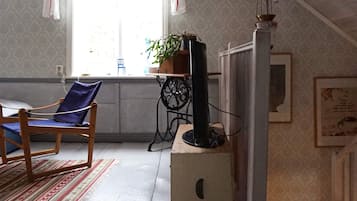 A room with a wooden chair, a small table with a plant, a television on a stand, and a patterned wall.