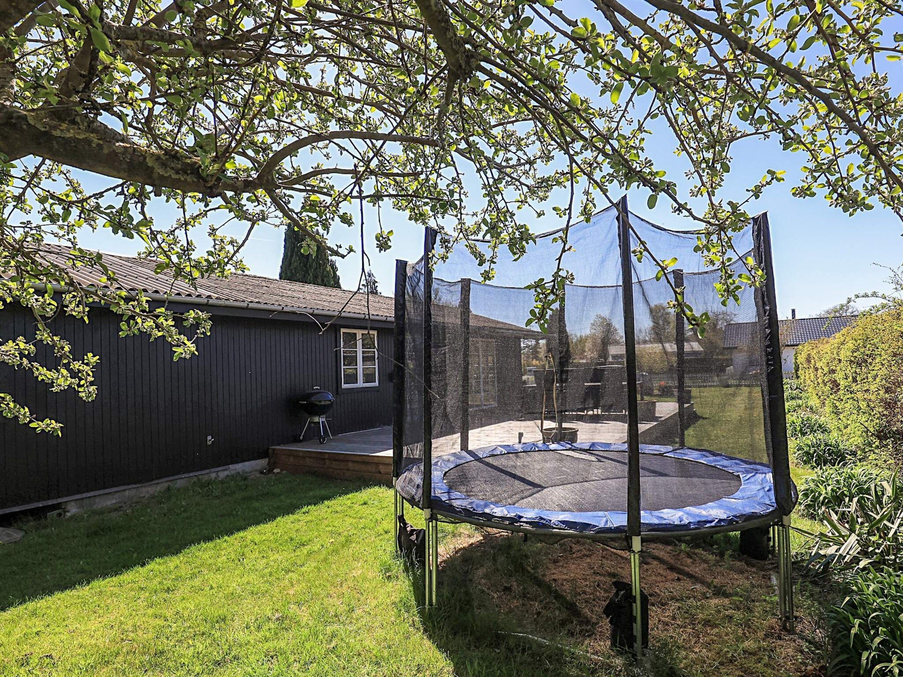 En baghave med trampolin, grill og hus.