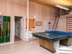 A ping pong table in a room with wooden walls, a green door, and a ladder.