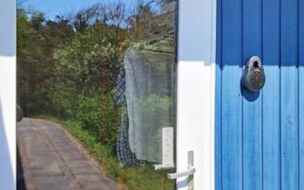 A pathway leading to a blue door with a lock.