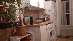 A compact kitchen with a washing machine, a coffee maker, and a potted plant. - Paris 14th with kitchen 150m metro Glacière 30m2 Quiet (Paris)