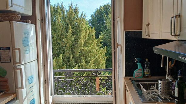 A kitchen with a view of trees, a balcony with a railing, and a sink area with a dish rack. - Paris 14th with kitchen 150m metro Glacière 30m2 Quiet (Paris)