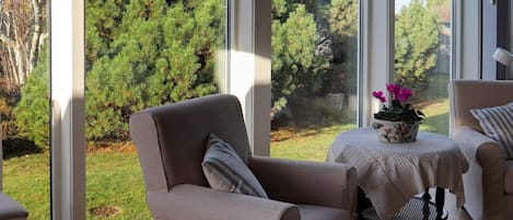 A room with a large window, a chair, a small table with a flower pot, and another chair.