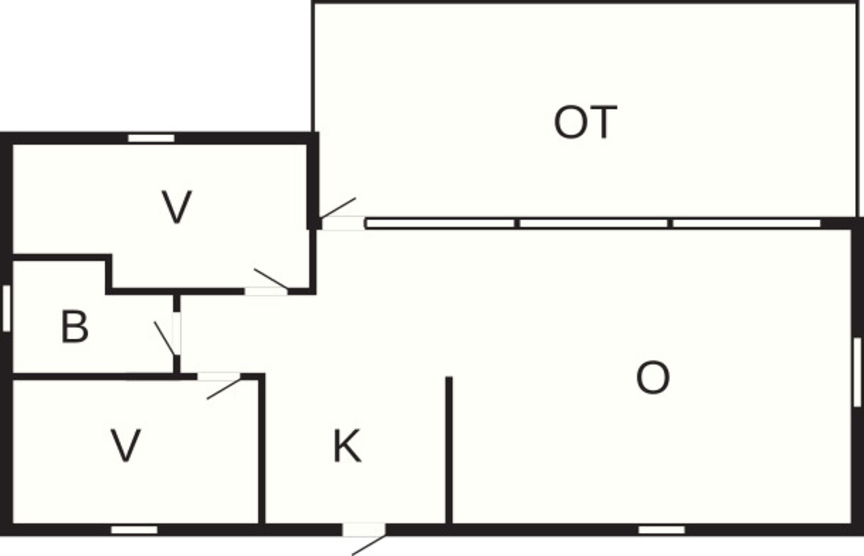 A floor plan with a large open area labeled OT, two smaller rooms labeled V, one labeled B, and one labeled K.