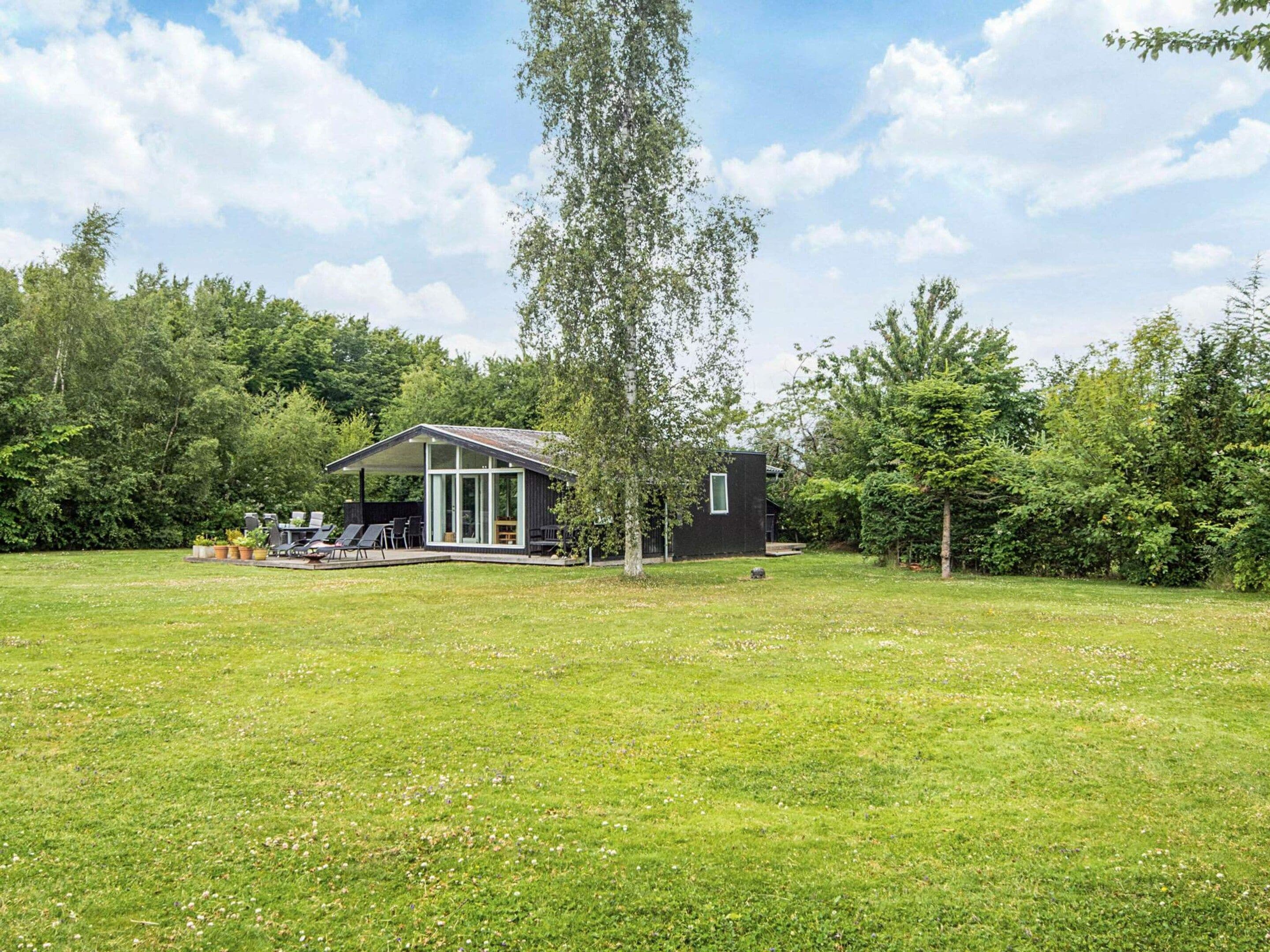 A modern house with a covered patio area, surrounded by a grassy lawn and dense trees.