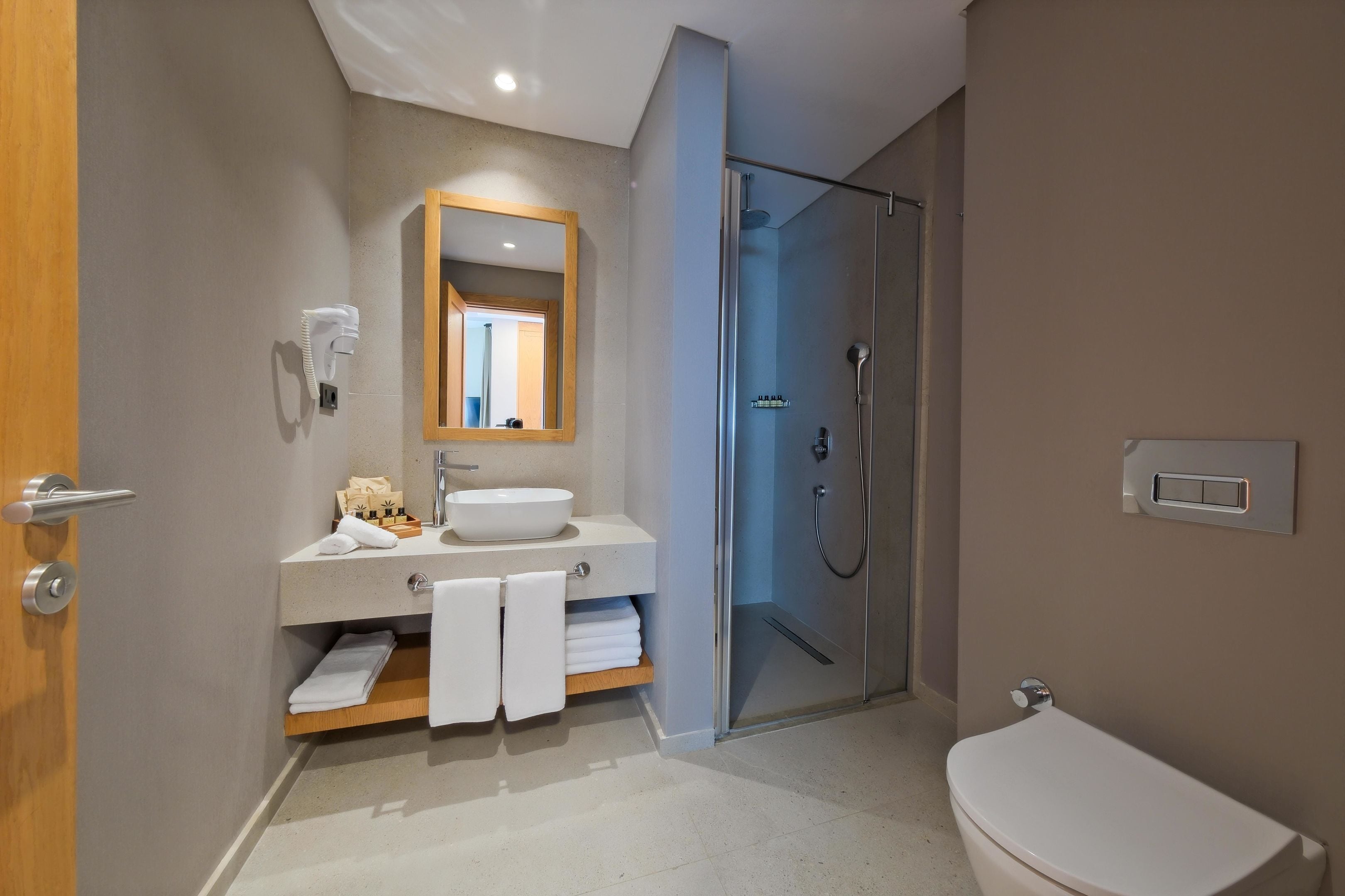 A modern bathroom with a glass shower enclosure, a white sink, and a toilet.