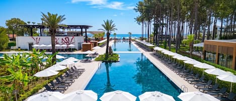 Piscina de un resort con sillas de descanso y sombrillas, rodeada de árboles y un cielo despejado.