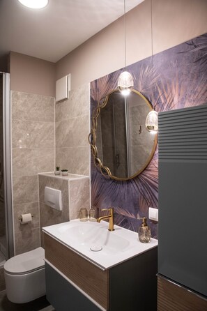 Douche, séchoir à cheveux, serviettes fournies, savon