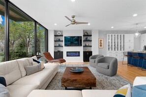 TV, fireplace, table football, ping pong
