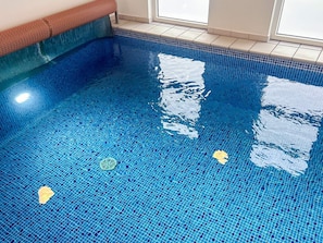 A clear indoor swimming pool with blue mosaic tiles and a drain in the center. - 5 Star Holiday Home in Hejls (Hejls)