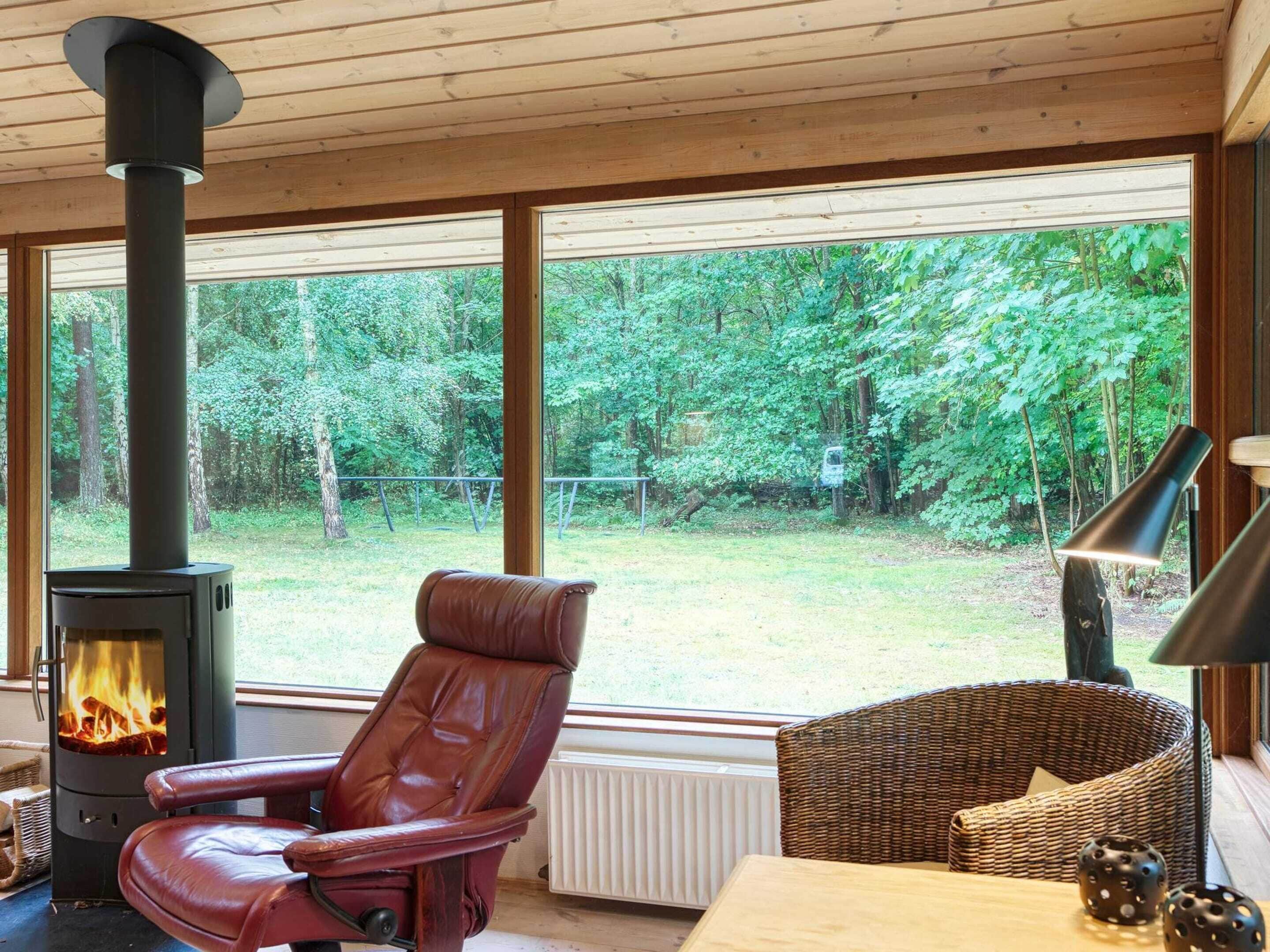 A room with a wood-burning stove, leather chair, wicker sofa, and a view of a forest.