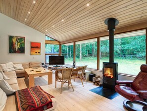 A modern living room with a fireplace, wooden ceiling, large windows, and a television.