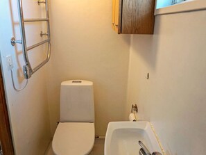 Et lille, kompakt badeværelse med toilet, håndvask og gelænder.