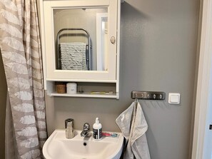 Bathroom features a sink, mirror, and towel rack, with a hand soap bottle and storage basket.