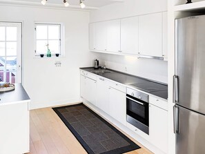 A modern kitchen with white cabinetry, stainless steel appliances, and a black and white patterned rug.