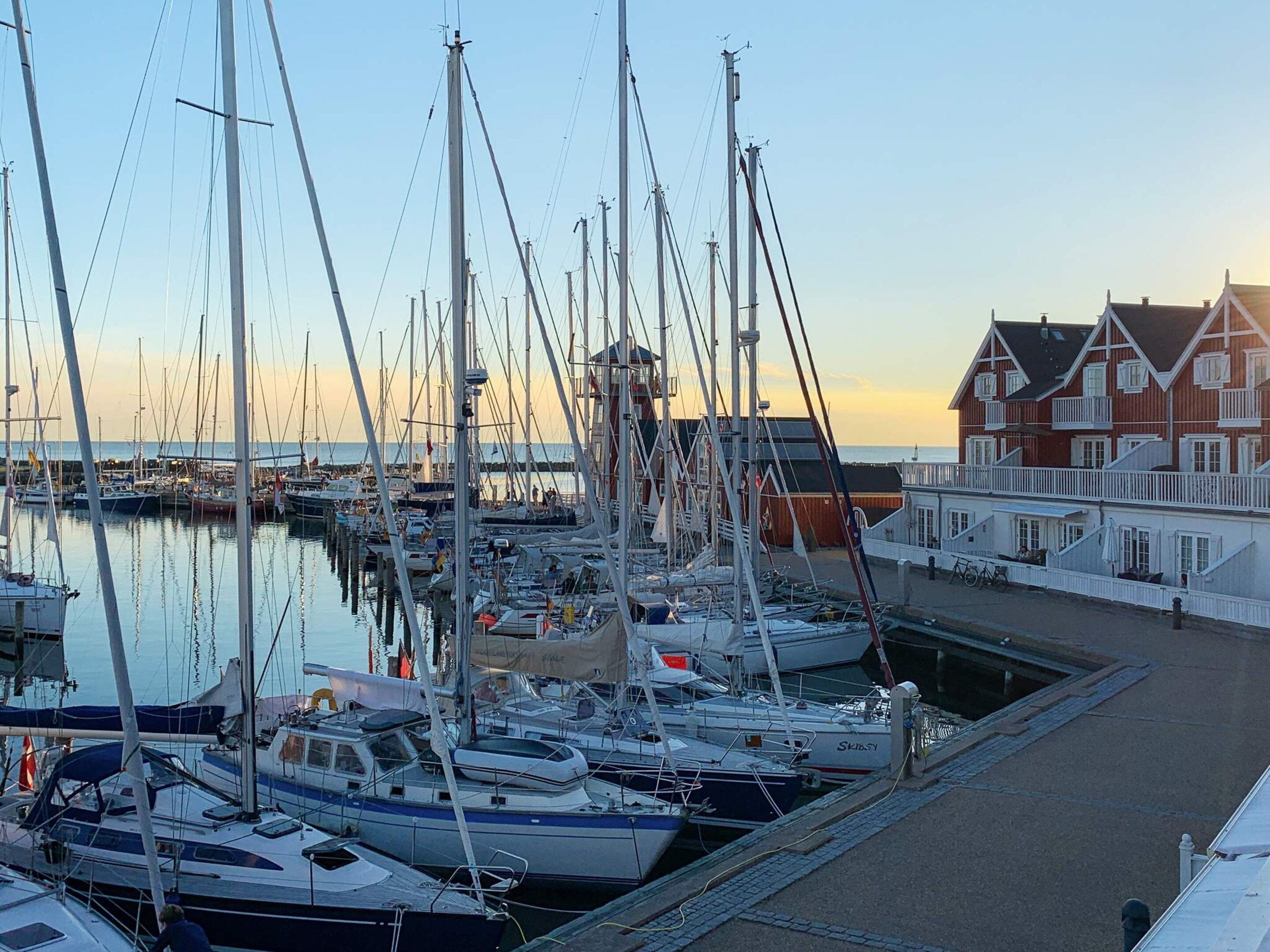 A marina with multiple boats docked, a building with a red facade, and a calm water body in the background.