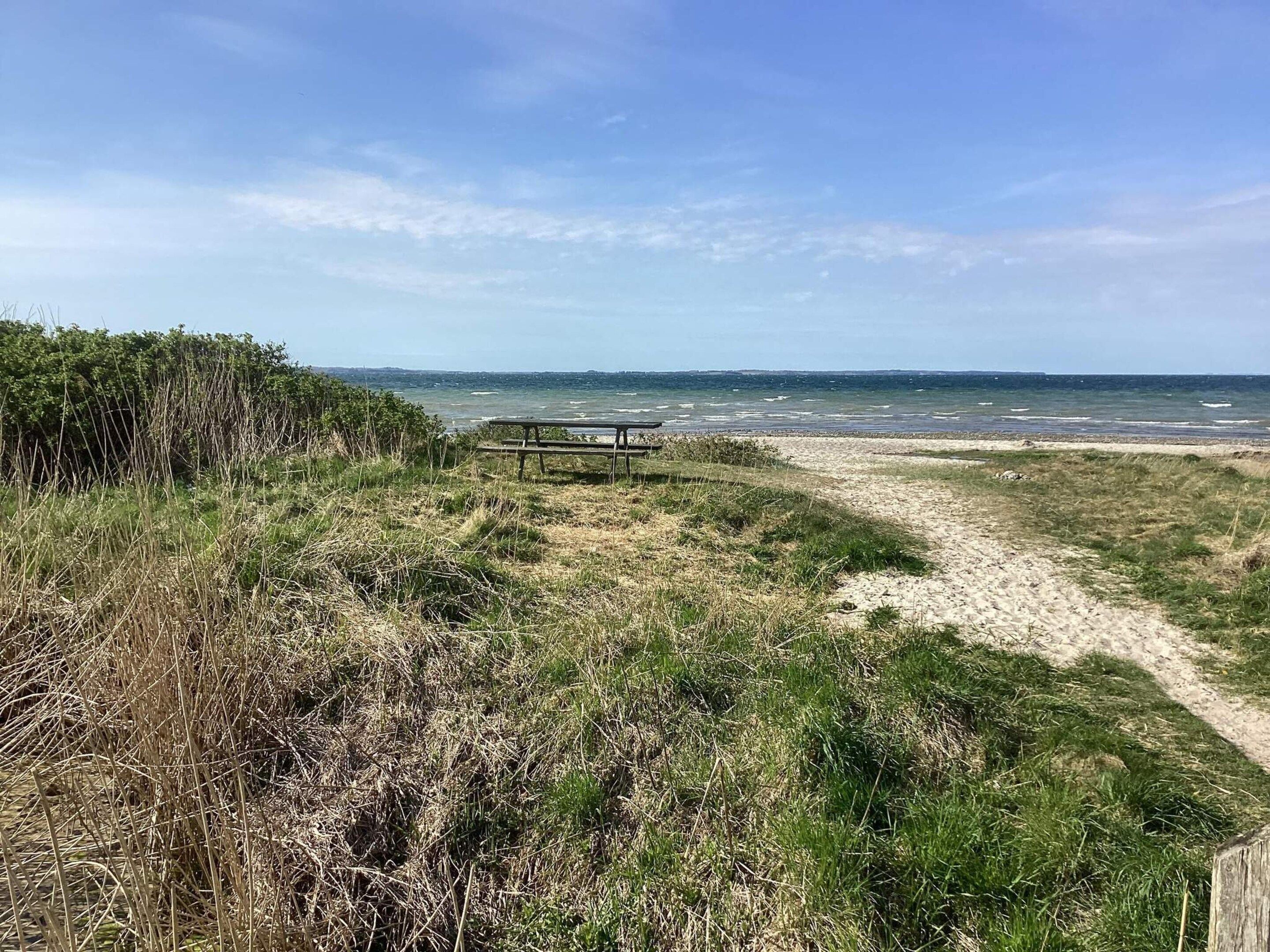 A beach path leading to a bench overlooking the sea.