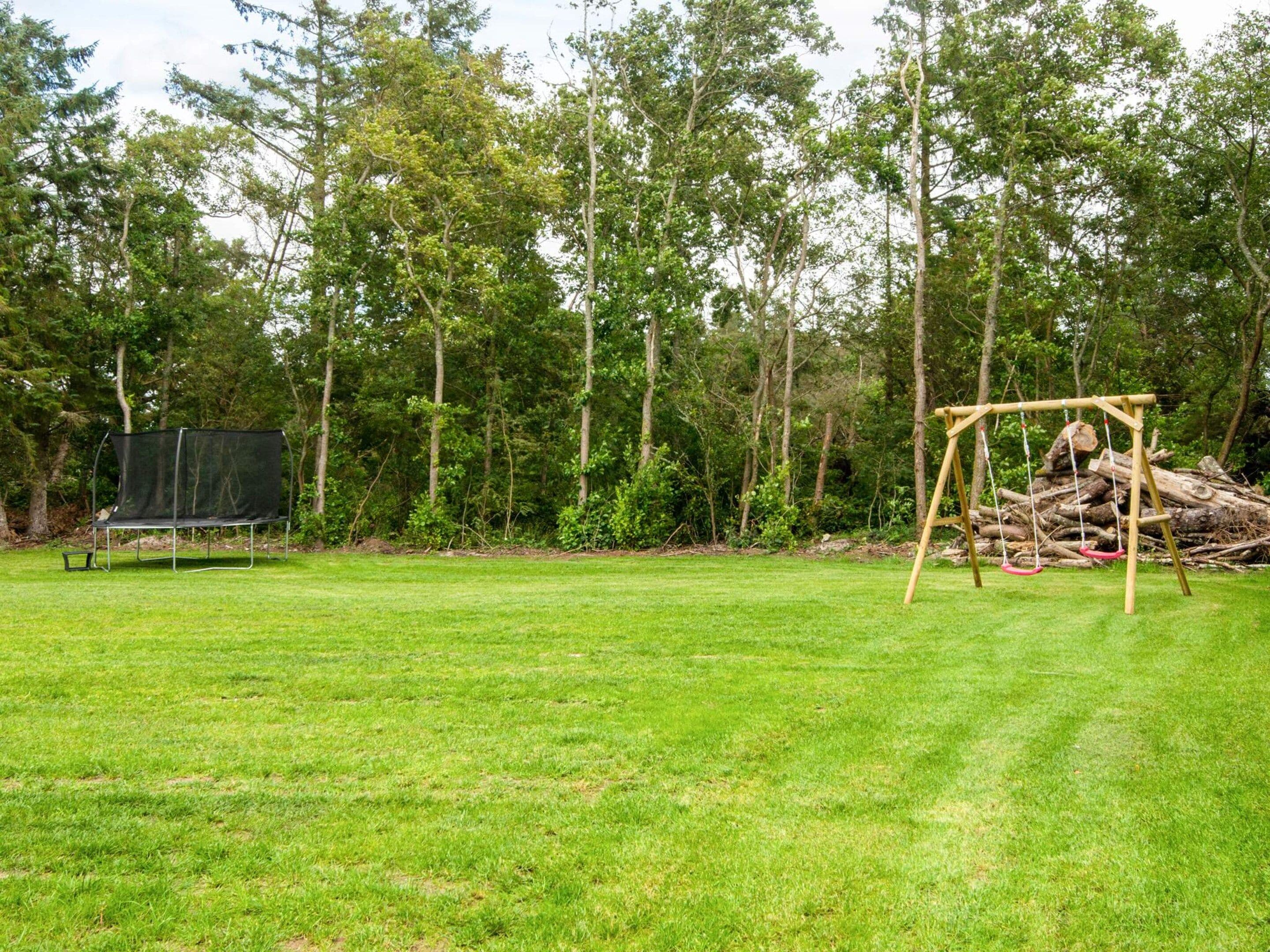 A grassy outdoor area with a swing set and a black object, possibly a trampoline, in the background.