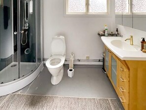 Bathroom features a glass-enclosed shower, toilet, and vanity with a sink.
