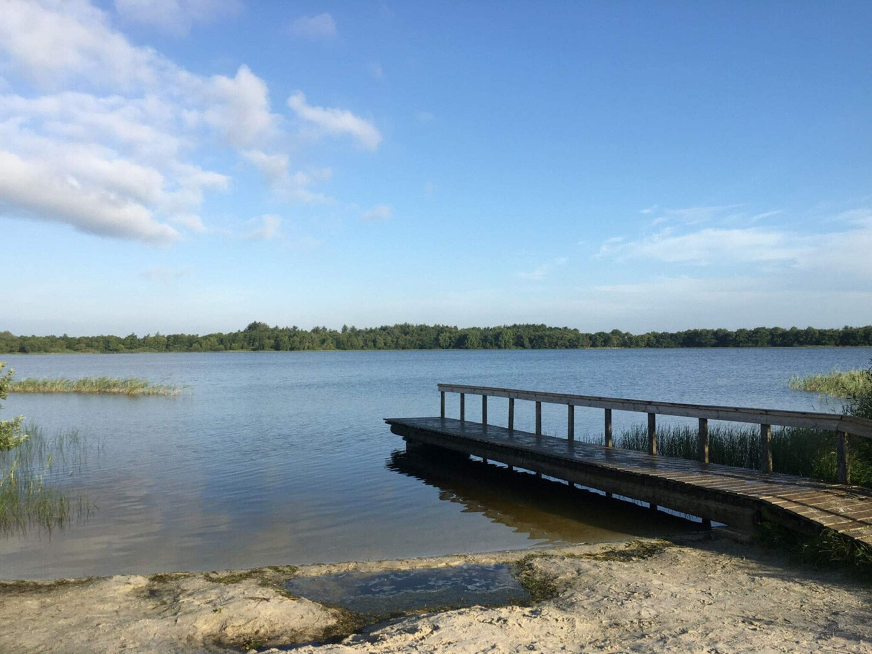 A calm lake with a wooden dock extending into the water, surrounded by trees and clear skies.